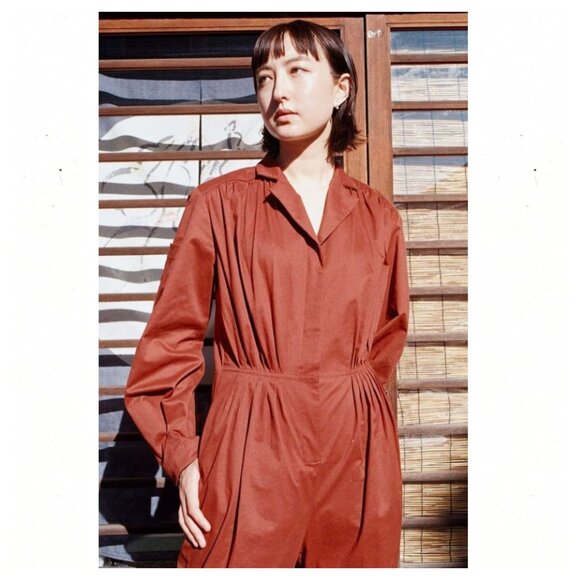RESERVED - REVES August Front Pleated Jumpsuit Rust Red - Picture 4 of 14